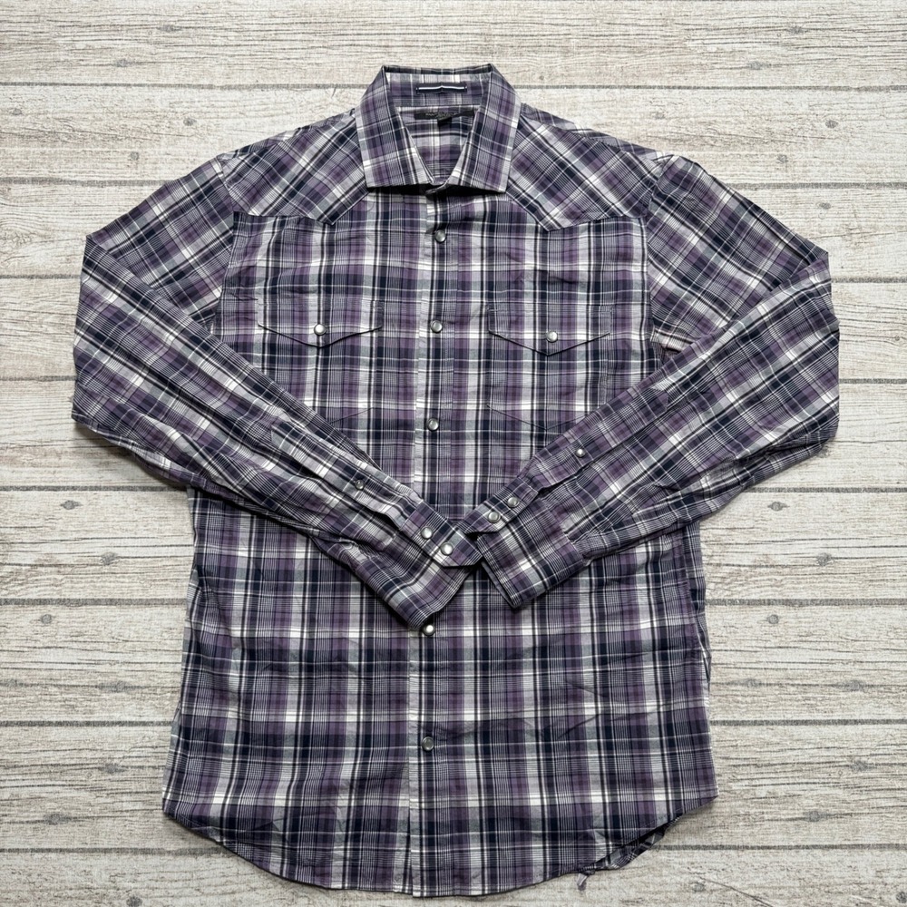 Banana Republic Shirt Men's Small Purple Plaid Pearl Snap Slim Fit Long Sleeve